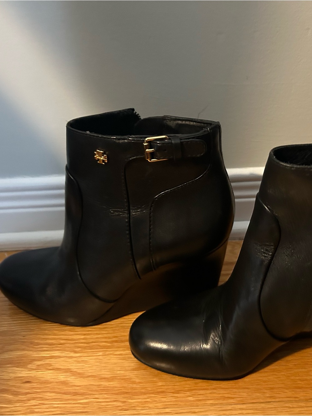 Tory Burch Black Leather Wedge Ankle Booties with Gold Buckle